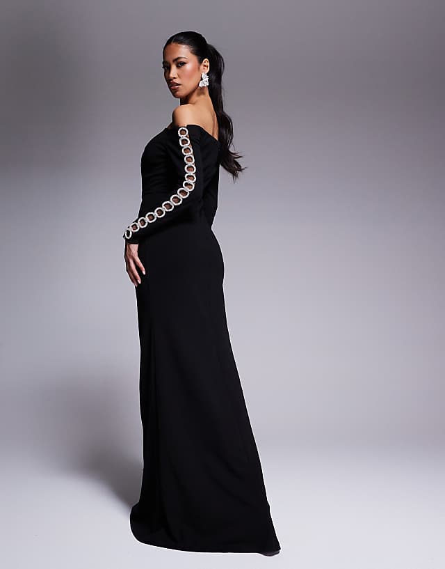 Asos Goddiva Embellished Diamante Sleeve Bardot Maxi Dress In Black