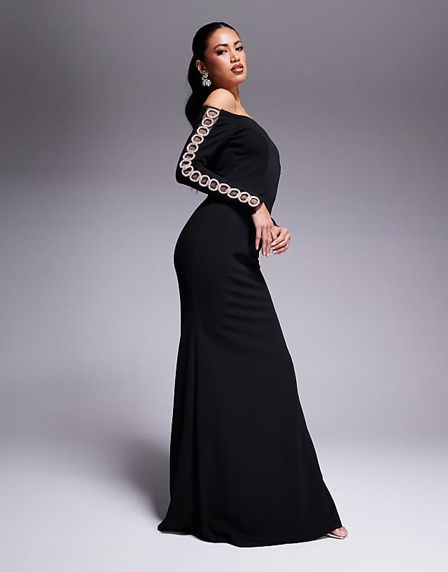 asos Goddiva Embellished diamante sleeve bardot maxi dress in black
