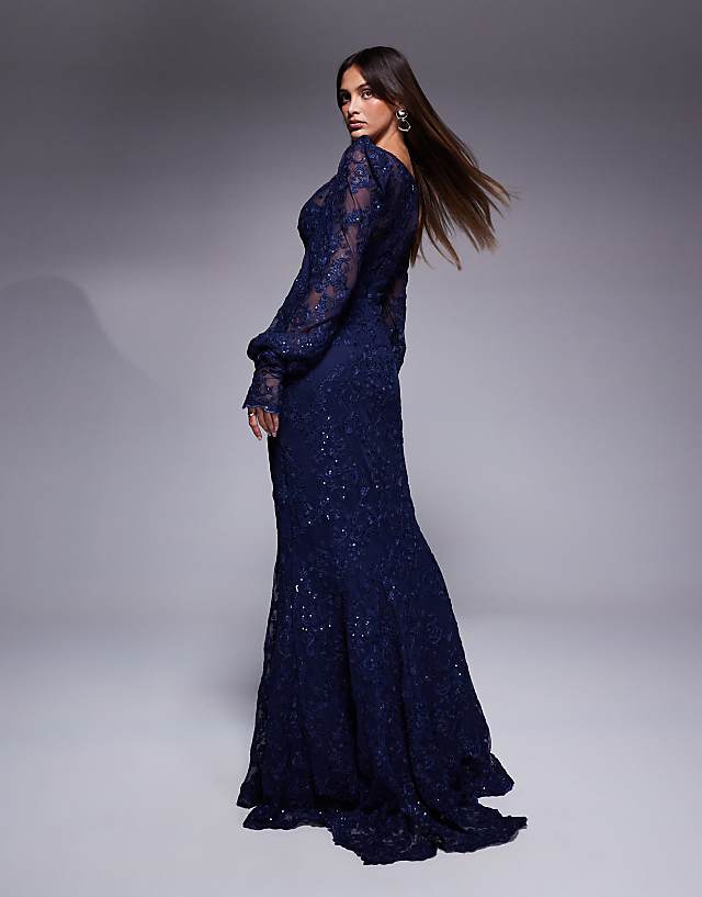 Asos Goddiva Embroidered Lace Scalloped Edge Maxi Dress In Navy