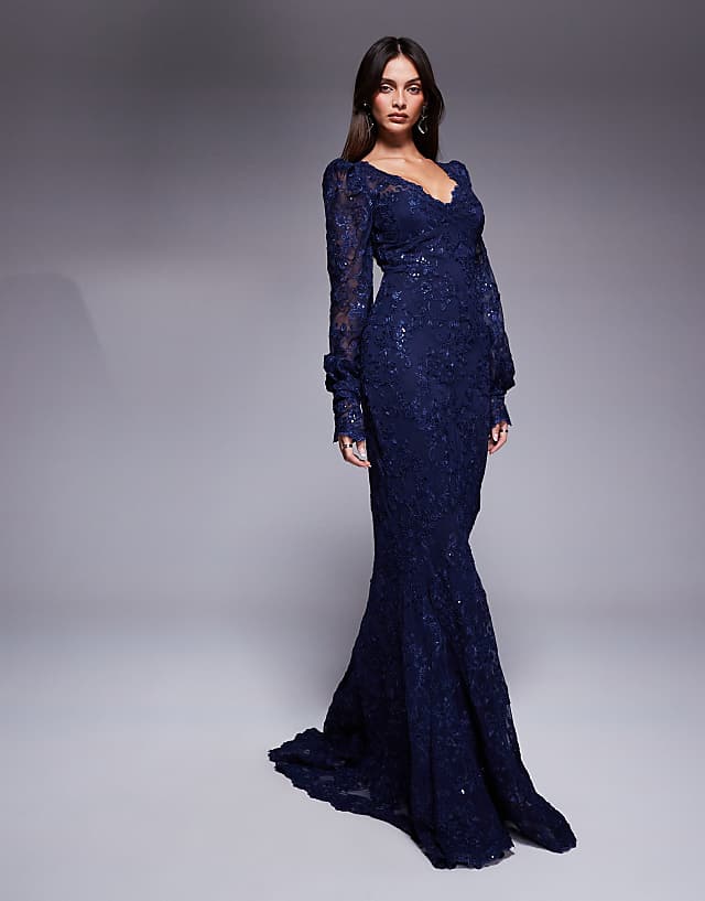 asos Goddiva Embroidered lace scalloped edge maxi dress in navy