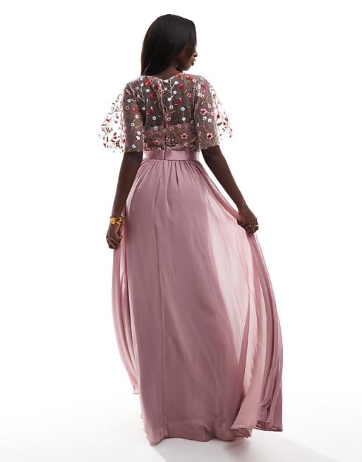 Asos Goddiva Embroidered Mesh Maxi Dress In Rose Pink