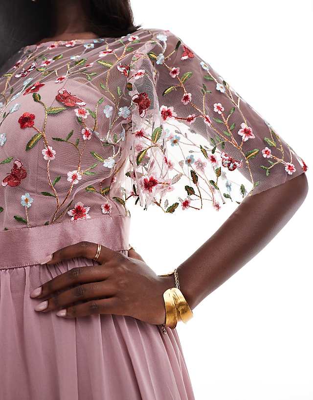 Asos Goddiva Embroidered Mesh Maxi Dress In Rose Pink