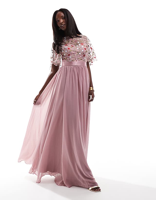 Asos Goddiva Embroidered Mesh Maxi Dress In Rose Pink