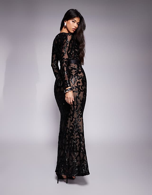 Asos Goddiva Embroidered Sequin & Mesh Maxi Dress In Black