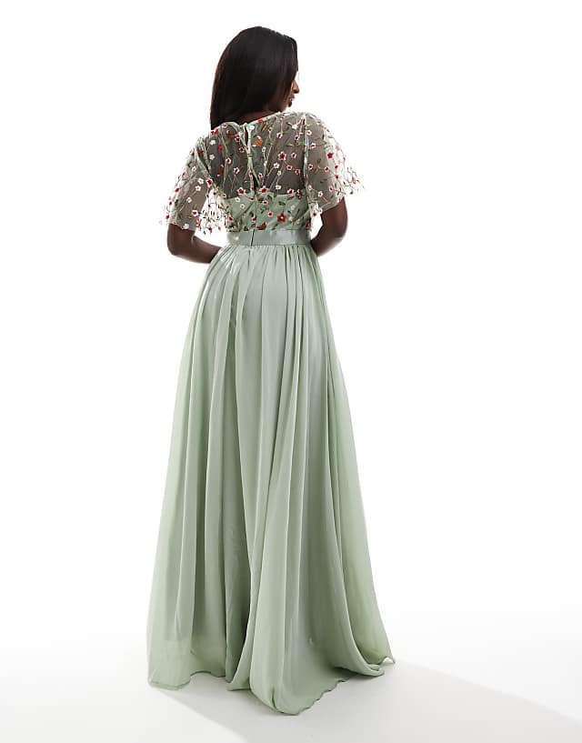 Asos Goddiva Embroidered Top Flutter Sleeve Maxi In Sagegreen