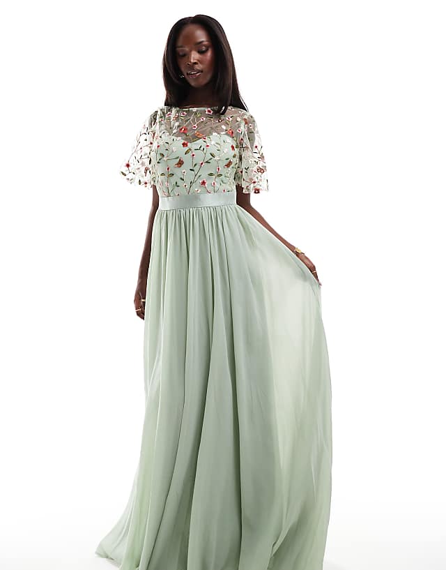 Asos Goddiva Embroidered Top Flutter Sleeve Maxi In Sagegreen