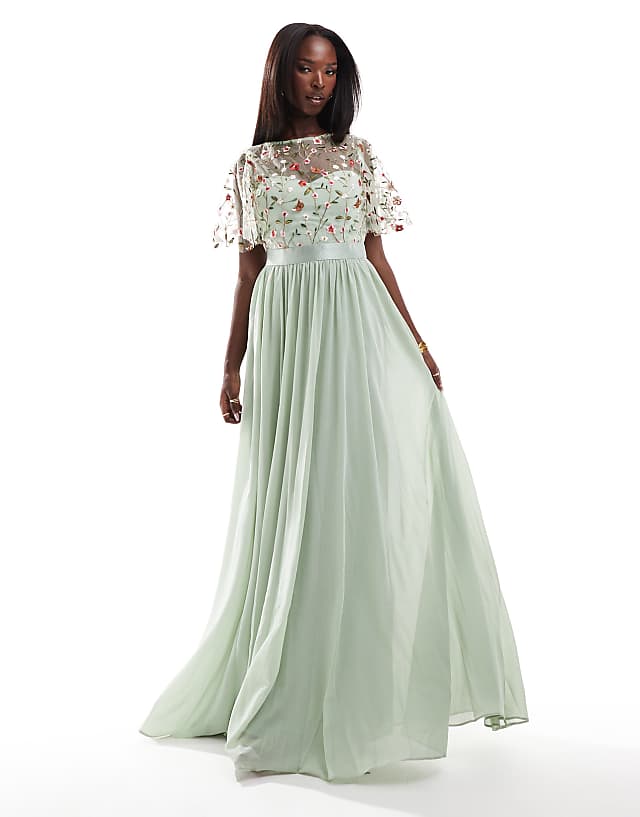 asos Goddiva Embroidered top flutter sleeve maxi in sagegreen