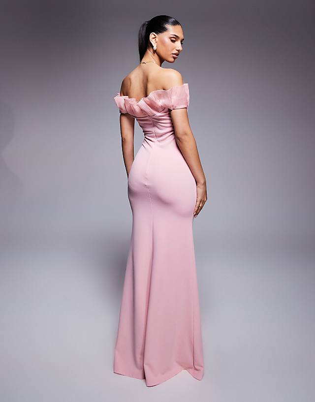 Asos Goddiva Fan Pleated Bardot Scuba Crepe Maxi Dress In Blushpink