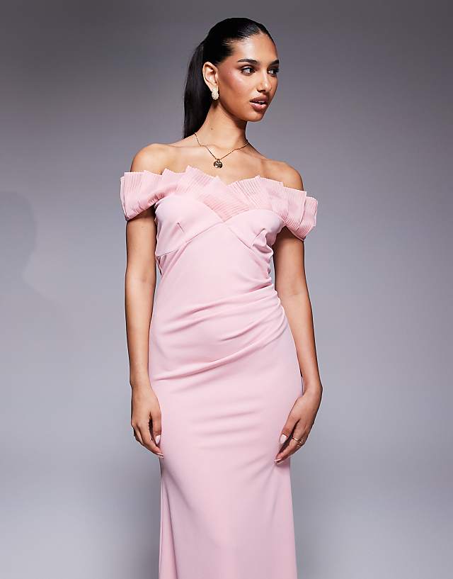 Asos Goddiva Fan Pleated Bardot Scuba Crepe Maxi Dress In Blushpink