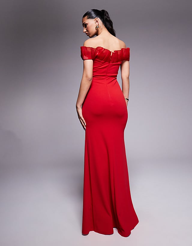 Asos Goddiva Fan Pleated Bardot Scuba Crepe Maxi Dress In Red