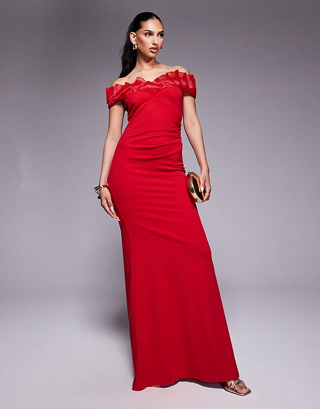 asos Goddiva Fan pleated bardot scuba crepe maxi dress in red