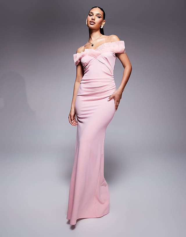 asos Goddiva Fan pleated bardot scuba crepe maxi dress in blushpink