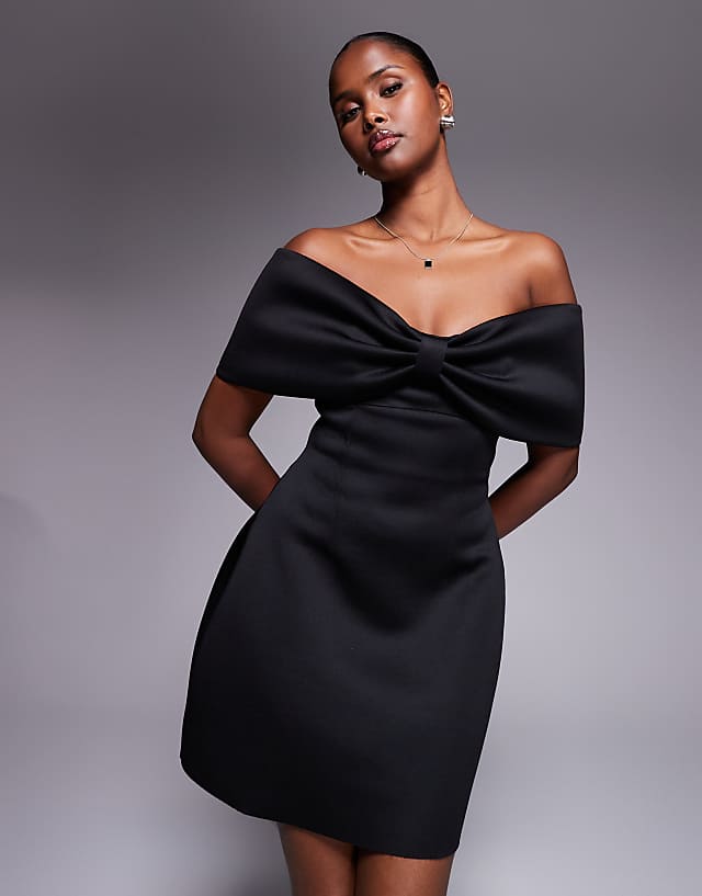 asos Goddiva Front bow off the shoulder mini dress in black