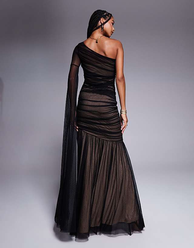 Asos Goddiva Gathered One Sleeve Angel Wing Mermaid Maxi Dress In Black