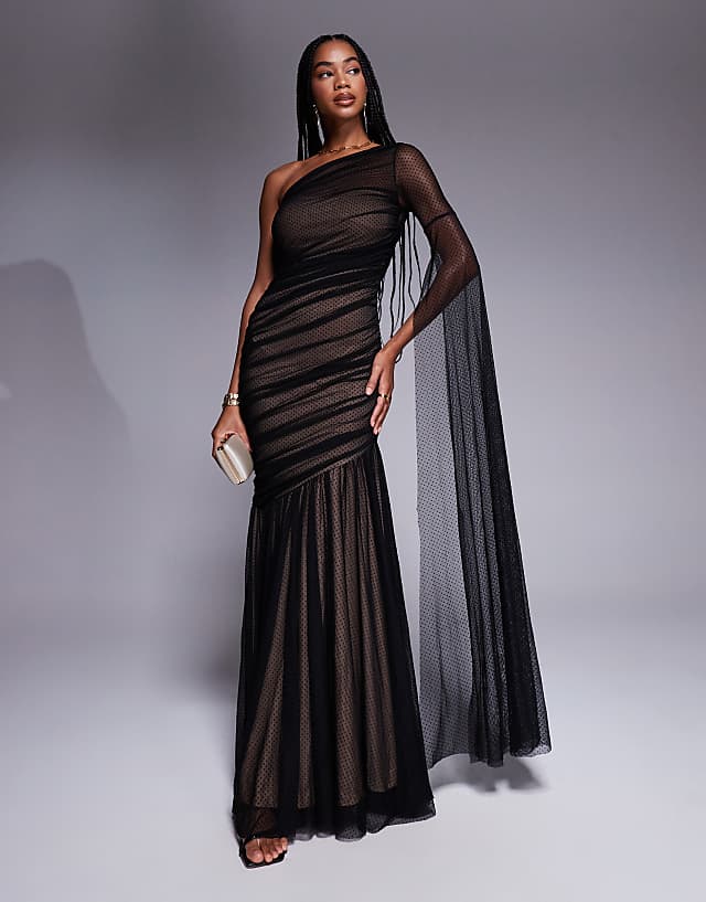 asos Goddiva Gathered one sleeve angel wing mermaid maxi dress in black