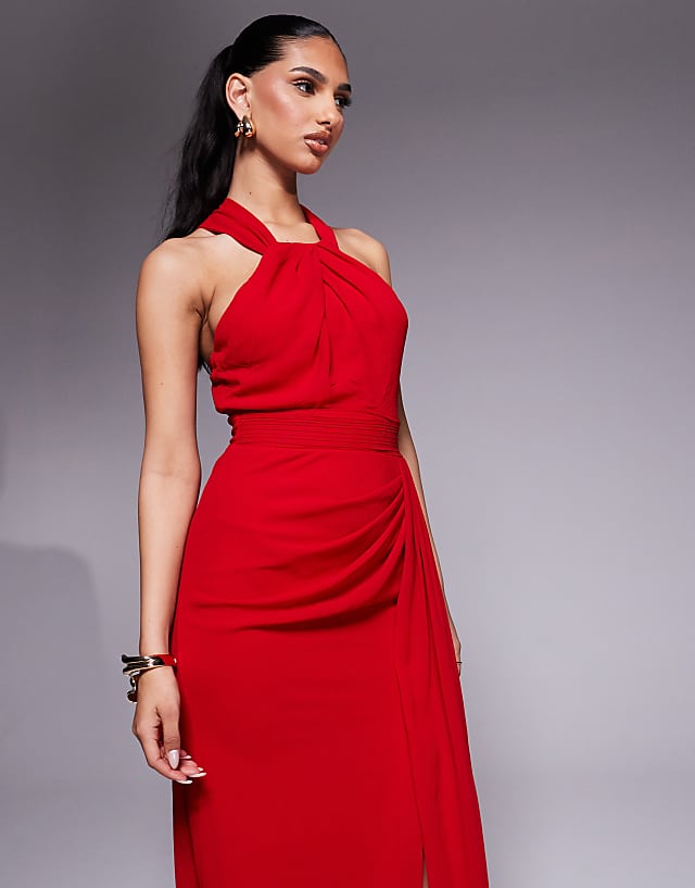 Asos Goddiva Halterneck Thigh Split Chiffon Maxi Dress In Red