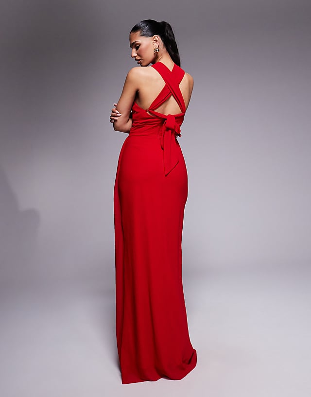 Asos Goddiva Halterneck Thigh Split Chiffon Maxi Dress In Red