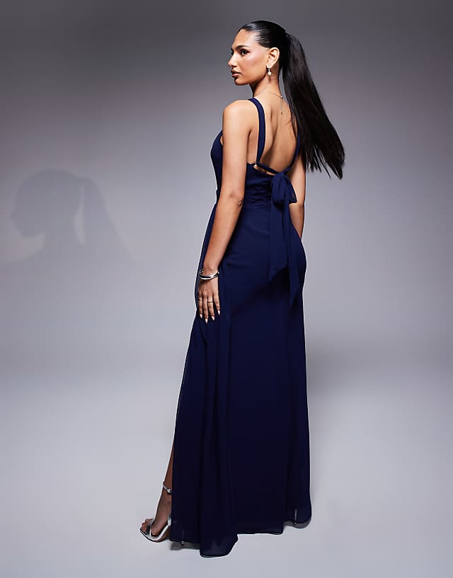 Asos Goddiva Halterneck Thigh Split Chiffon Maxi Dress In Navy