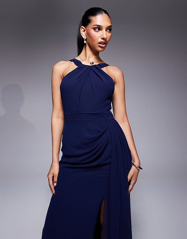 Asos Goddiva Halterneck Thigh Split Chiffon Maxi Dress In Navy