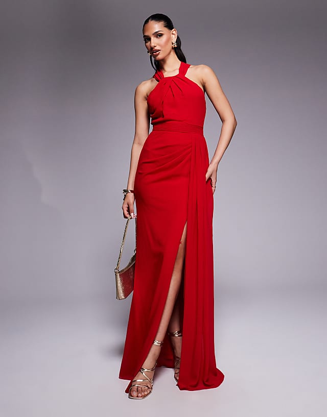 asos Goddiva Halterneck thigh split chiffon maxi dress in red