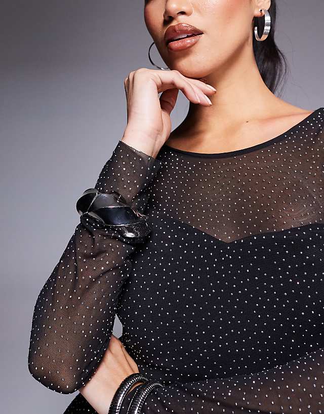 Asos Goddiva Hotfix Diamante Mesh A Line Long Sleeve Maxi Dress In Black