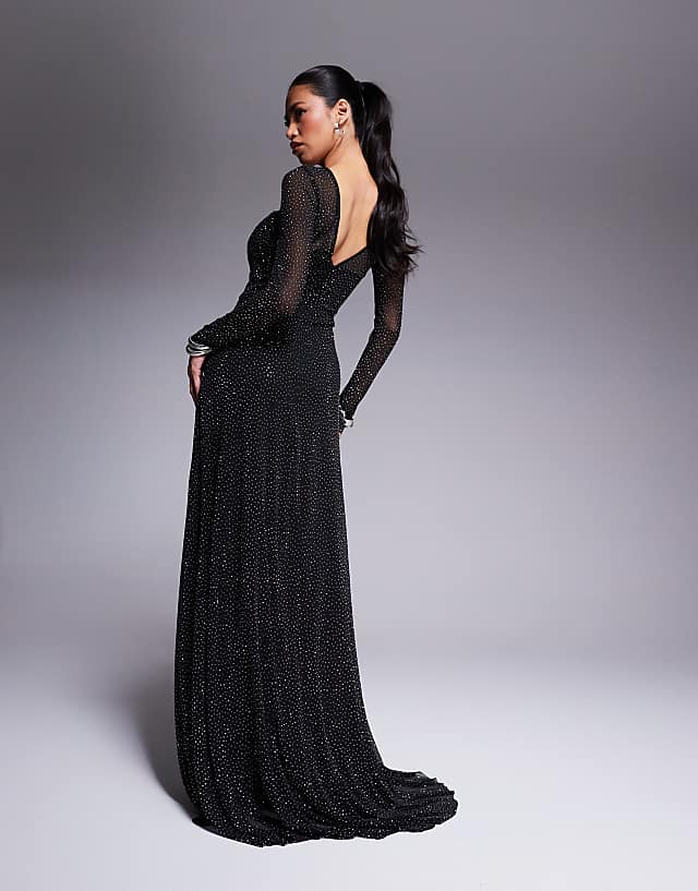 Asos Goddiva Hotfix Diamante Mesh A Line Long Sleeve Maxi Dress In Black
