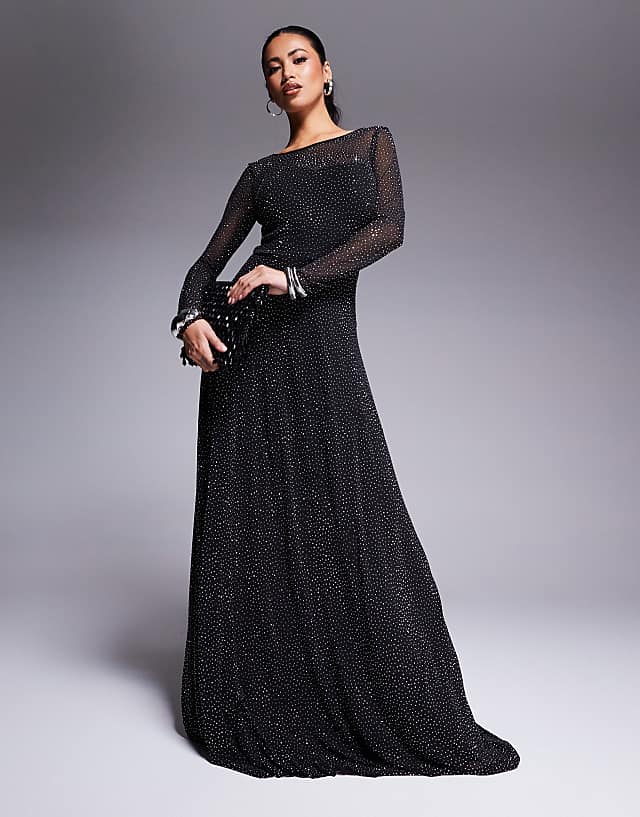 asos Goddiva Hotfix diamante mesh a line long sleeve maxi dress in black