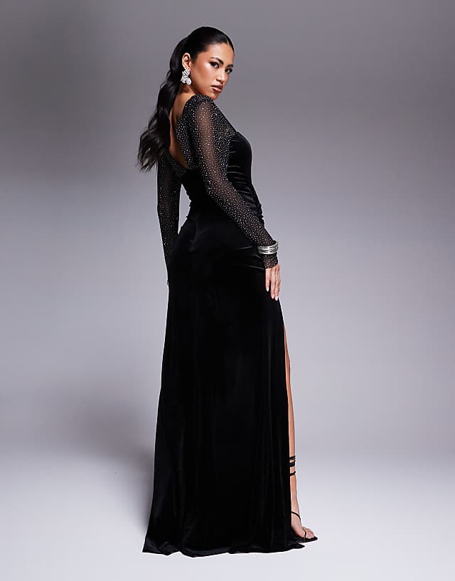 Asos Goddiva Hotfix Diamante Sleeve Front Split Velvet Maxi Dress In Black