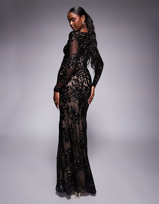 Asos Goddiva Long Sleeve Sequin Leaf Long Sleeve Maxi Dress In Black