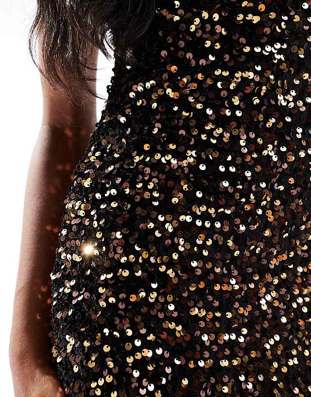 Asos Goddiva Multi Sequin & Velvet Bardot Maxi In Gold