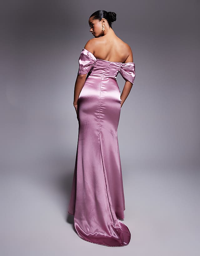 Asos Goddiva Off Shoulder Satin Maxi With V Neck In Rosepink