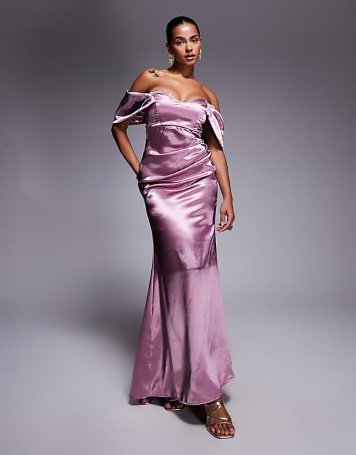 asos Goddiva Off shoulder satin maxi with v neck in rosepink