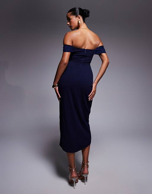 Asos Goddiva Off The Shoulder Chiffon Wing Scuba Crepe Midi Dress In Navy