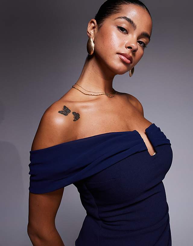 Asos Goddiva Off The Shoulder Chiffon Wing Scuba Crepe Midi Dress In Navy