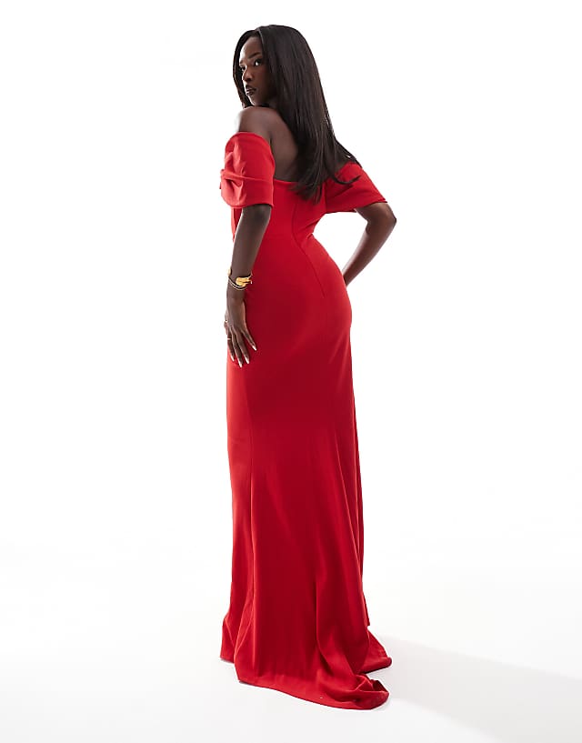 Asos Goddiva Off The Shoulder Draped Sleeve Maxi Dress In Red