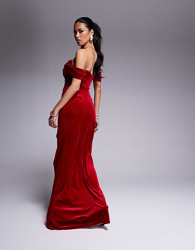 Asos Goddiva Off The Shoulder Front Split Velvet Maxi Dress In Red