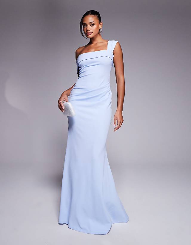 asos Goddiva Off the shoulder pleated waist maxi dress in blue