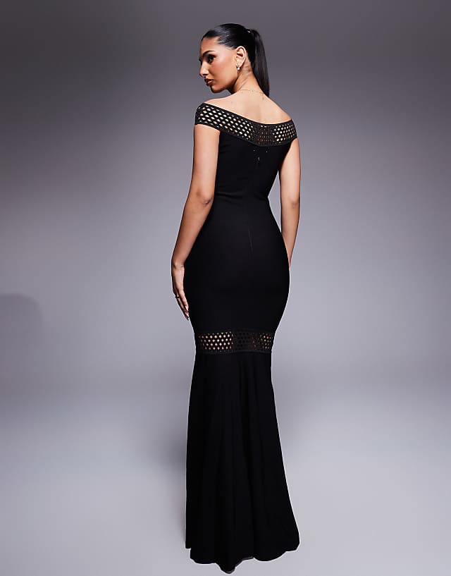 Asos Goddiva Off The Shoulder Ribbed Bodycon Maxi Dress In Black
