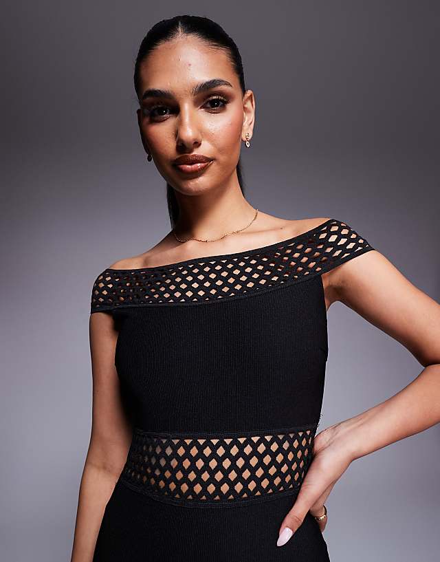 Asos Goddiva Off The Shoulder Ribbed Bodycon Maxi Dress In Black