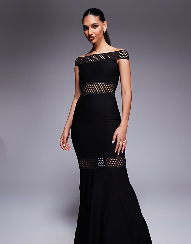 Asos Goddiva Off The Shoulder Ribbed Bodycon Maxi Dress In Black