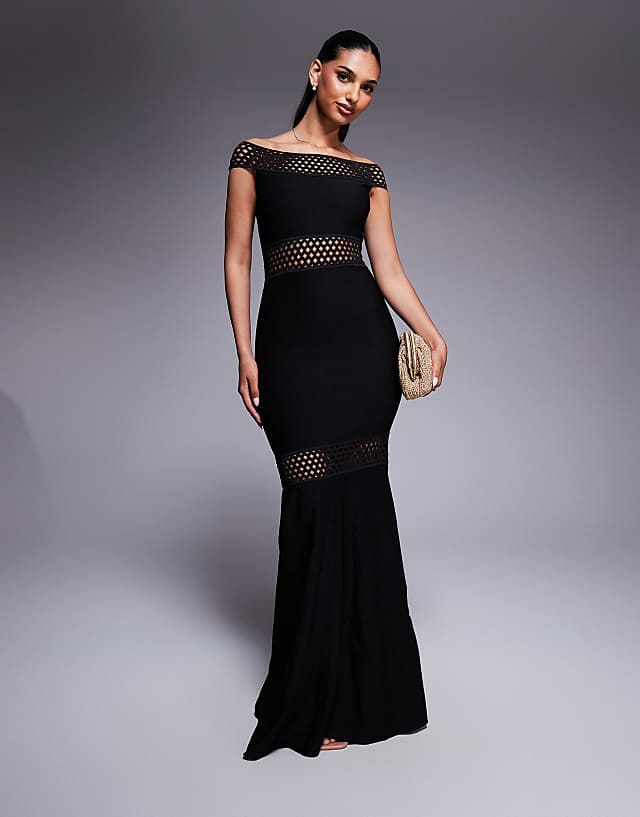 asos Goddiva Off the shoulder ribbed bodycon maxi dress in black
