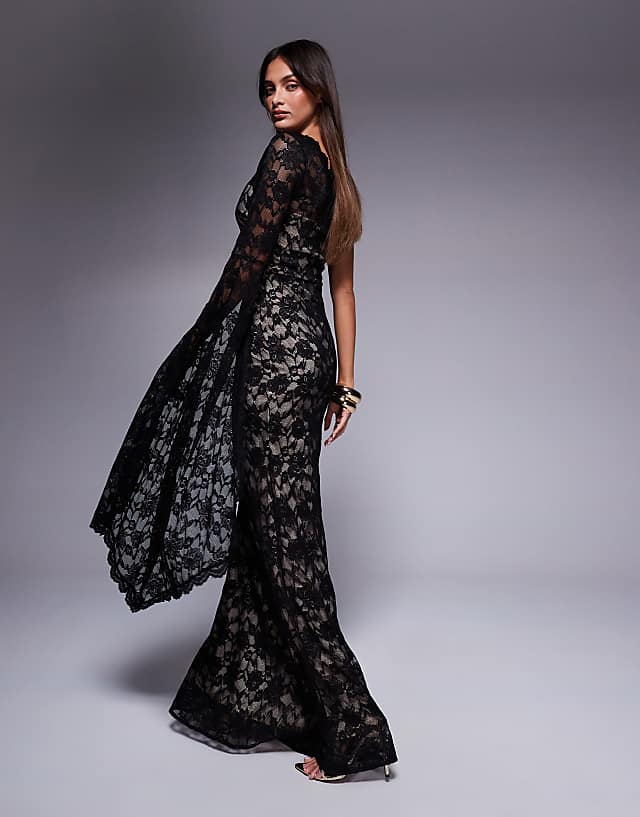 Asos Goddiva One Shoulder Scalloped Neck Maxi Dress In Black