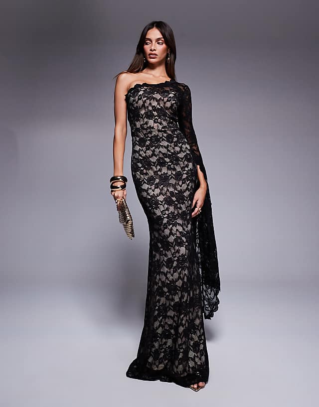 asos Goddiva One shoulder scalloped neck maxi dress in black