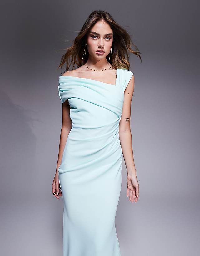 Asos Goddiva One Shoulder Scuba Crepe Evening Maxi Dress In Mint