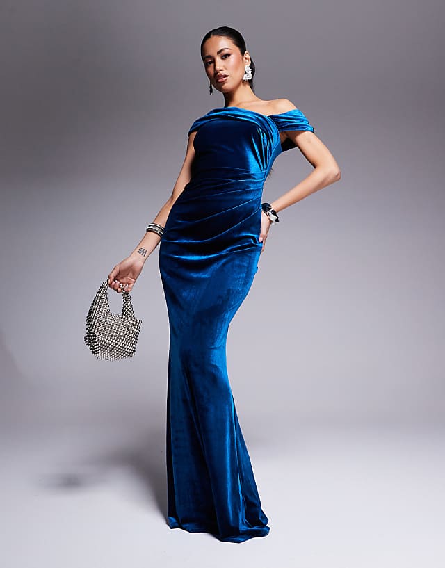 asos Goddiva One shoulder velvet maxi dress in teal