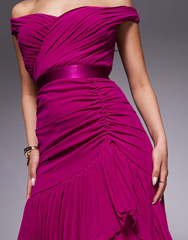 Asos Goddiva Pleated Bardot High Low Tier Chiffon Midaxi Dress In Magenta