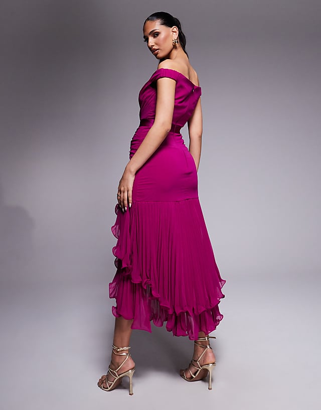 Asos Goddiva Pleated Bardot High Low Tier Chiffon Midaxi Dress In Magenta