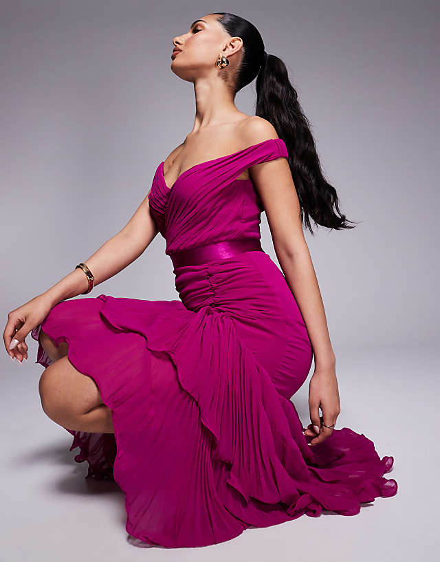 asos Goddiva Pleated bardot high low tier chiffon midaxi dress in magenta