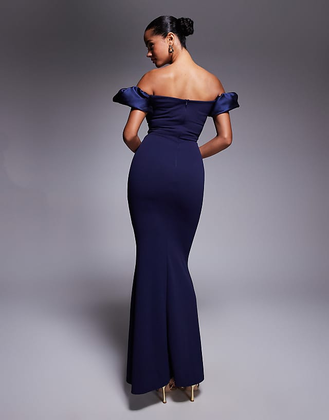 Asos Goddiva Puffy Satin Sleeve Scuba Maxi Dress In Navy