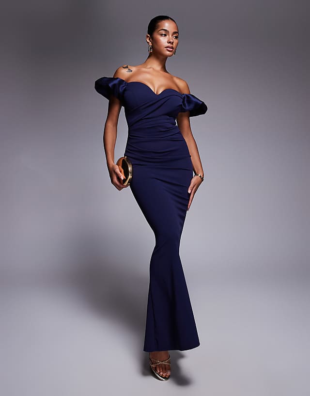 asos Goddiva Puffy satin sleeve scuba maxi dress in navy